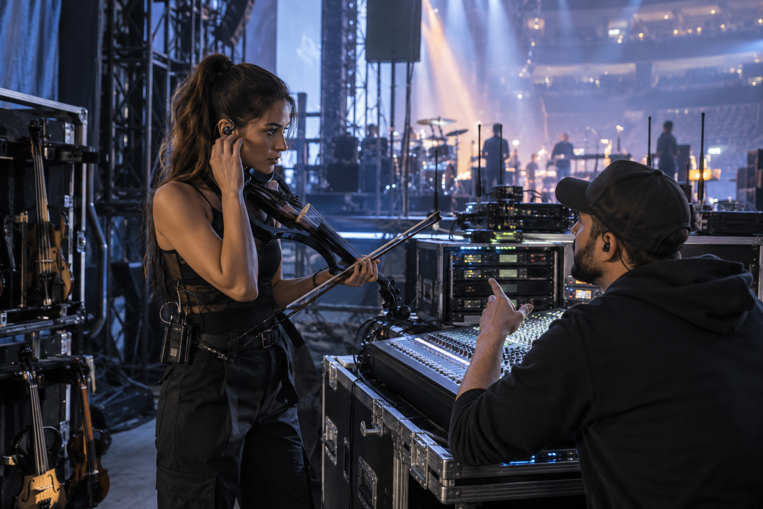 Electric violinist and live sound engineer checking an in-ear monitoring mix beside stage racks