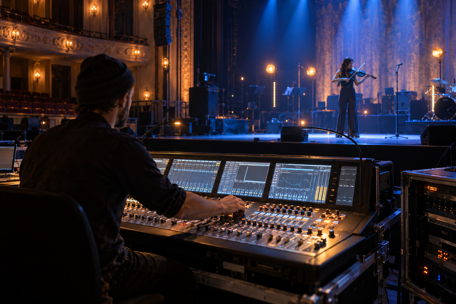 Anonymous sound engineer at an unbranded mixing console during an electric violin soundcheck in a theatre