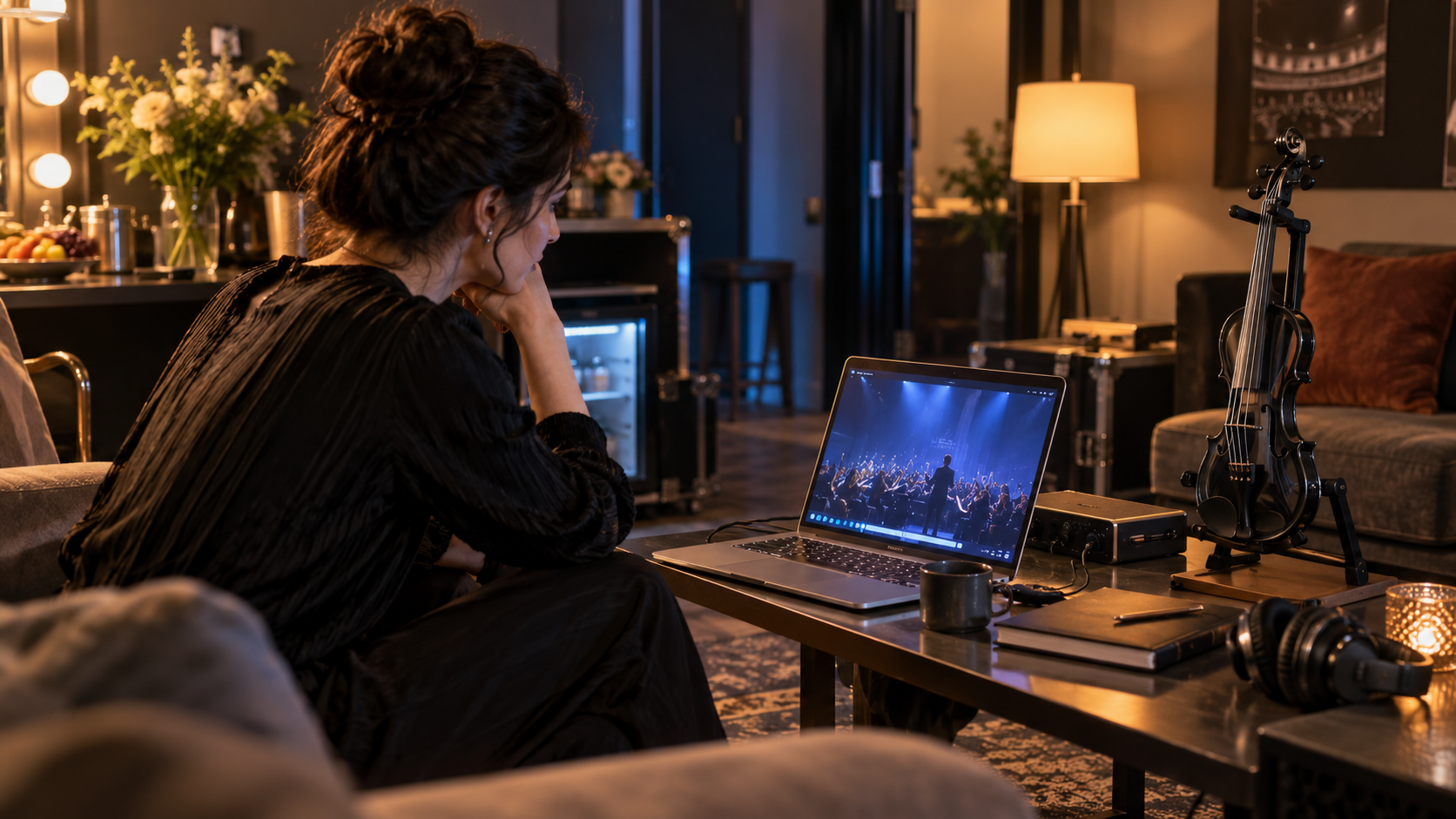 Original editorial image of a string artist reviewing a concert broadcast beside an electric violin