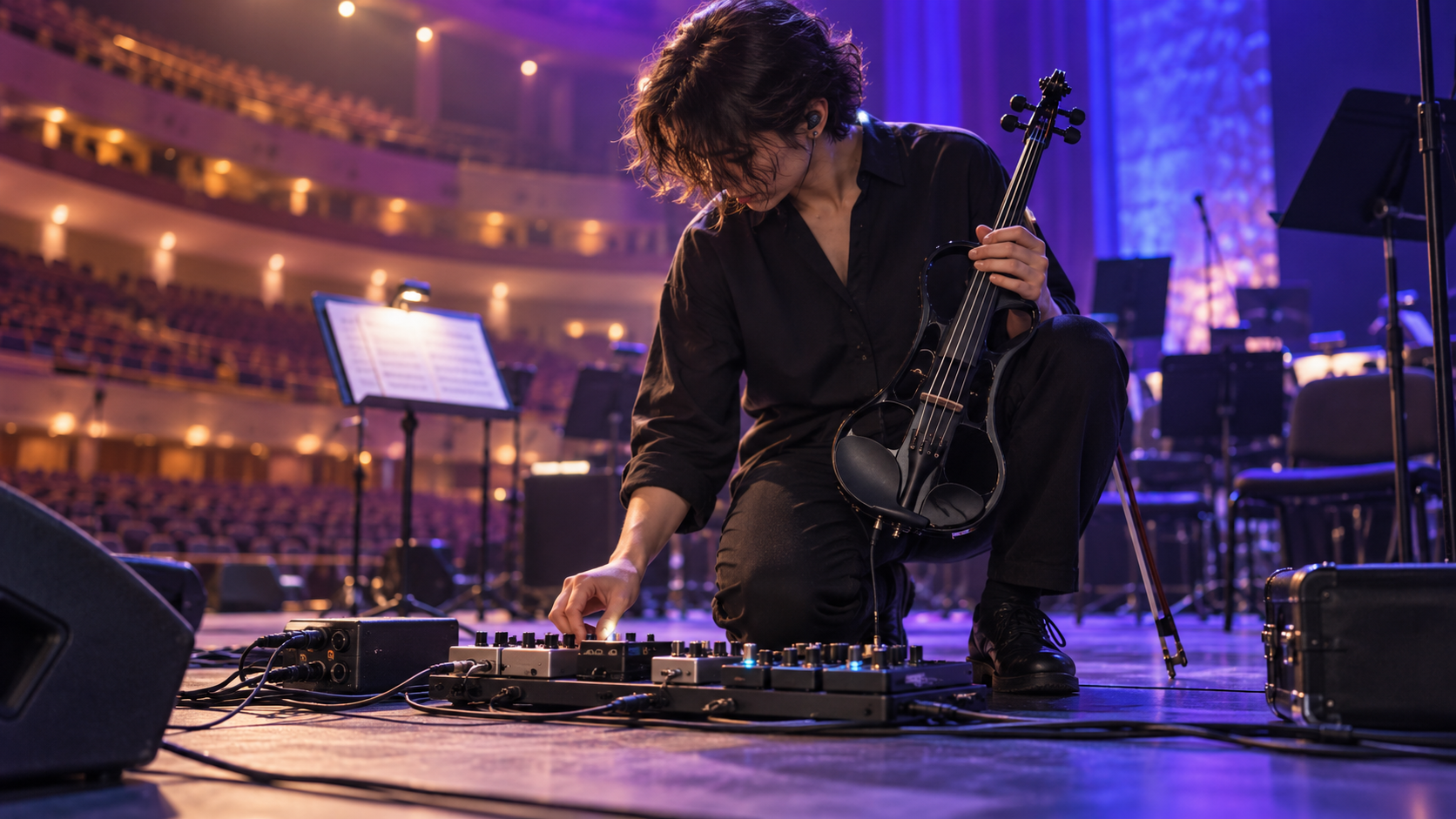 Оригинално редакционно изображение на electric violin performer, който проверява pedalboard по време на soundcheck