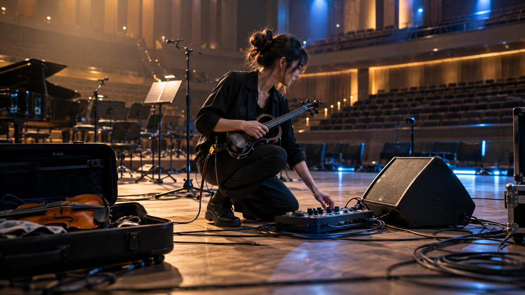 Original editorial image of an electric violin performer adjusting a pedalboard during a concert-hall soundcheck