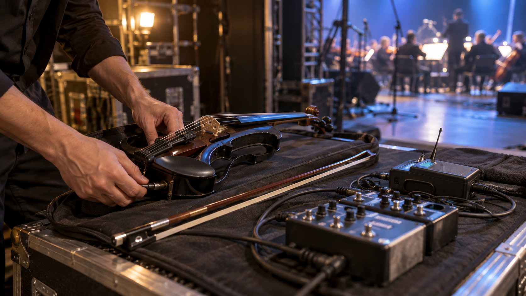 Оригинално редакционно изображение на electric violin с wireless receiver и pedalboard, проверявани зад сцената