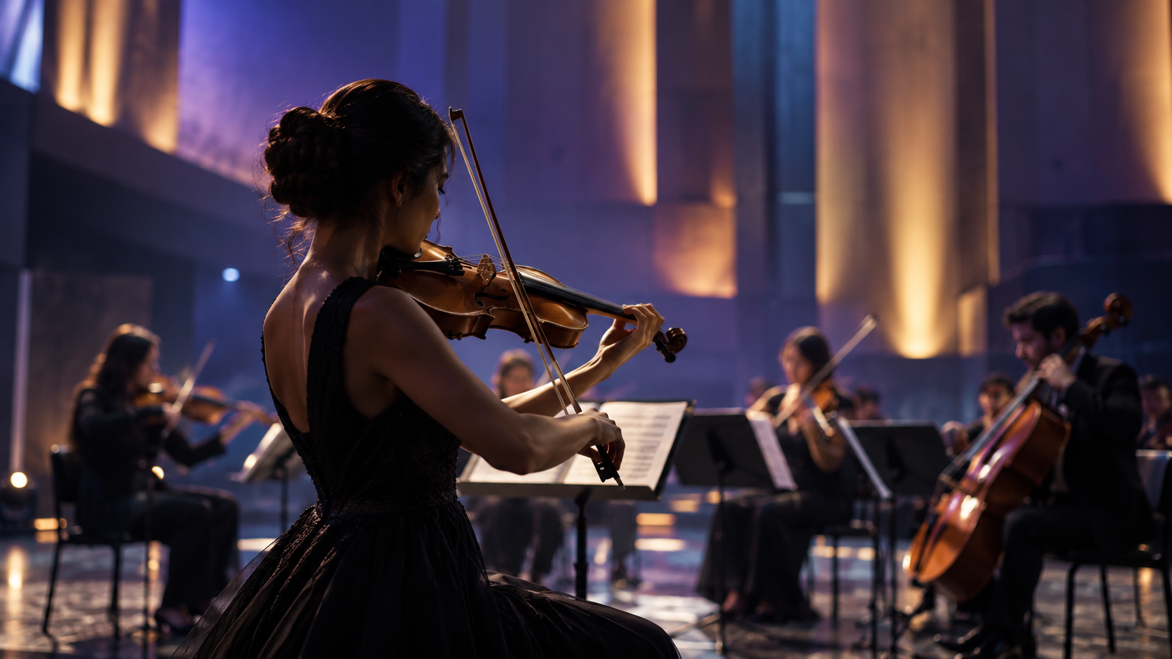 Original editorial image of violinist rehearsing with an international chamber ensemble in a modern venue