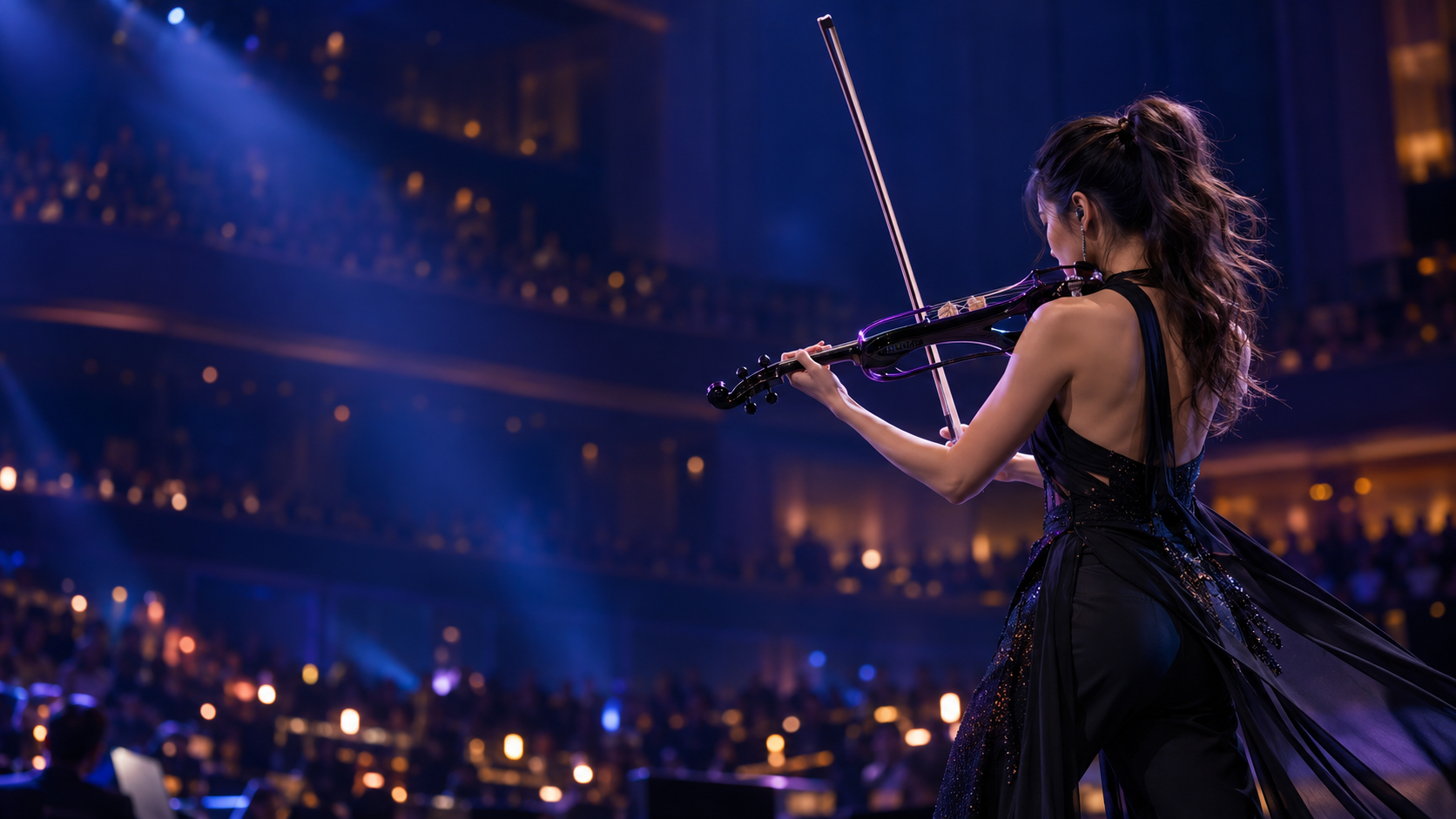Оригинално редакционно изображение на electric violin изпълнителка на съвременна концертна сцена