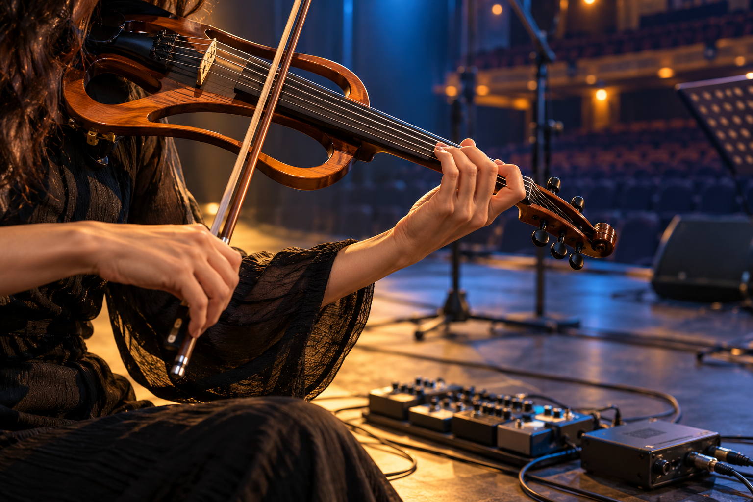 Оригинално редакционно изображение на ръце с electric violin и компактен сценичен soundcheck