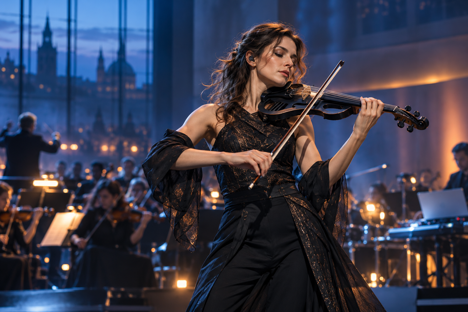 Оригинална редакционна фотография на electric violin изпълнителка в концертна зала