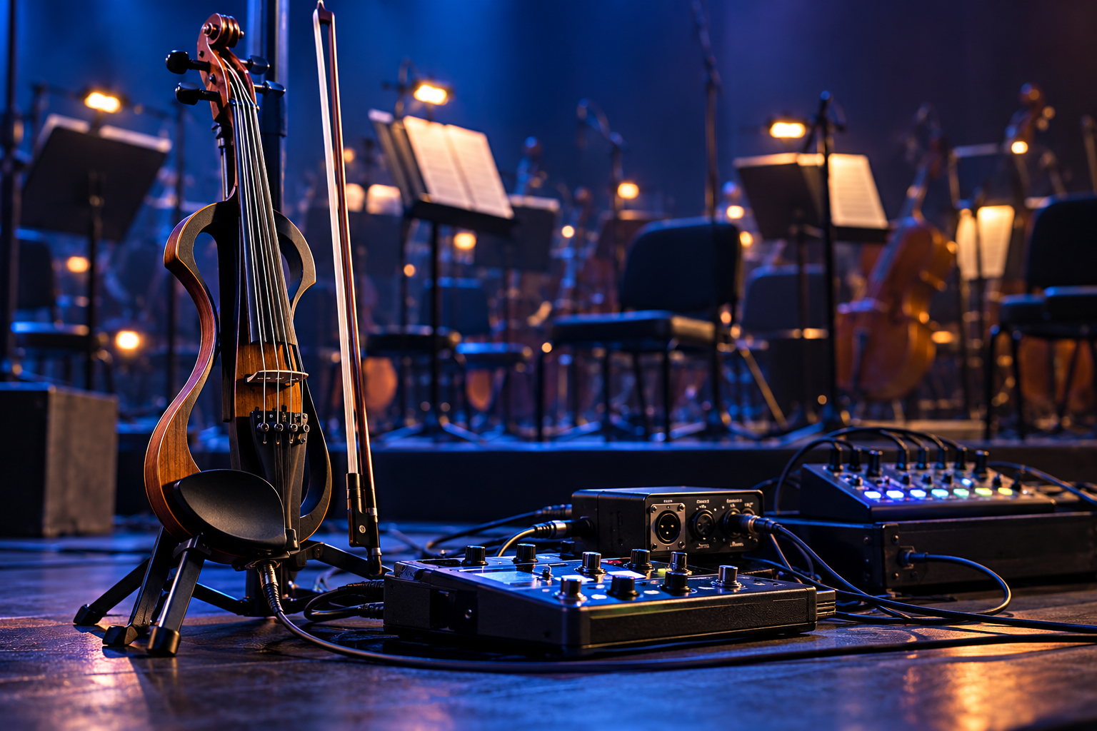 Оригинално редакционно изображение на electric violin soundcheck с компактна аудио техника