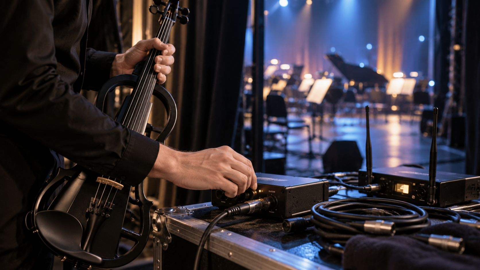 Original editorial image of a black electric violin beside a compact backstage sound system