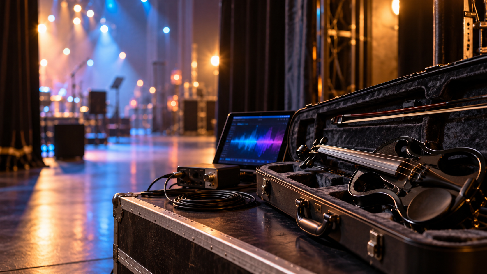 Оригинално редакционно изображение на черна electric violin и компактно performance audio оборудване backstage