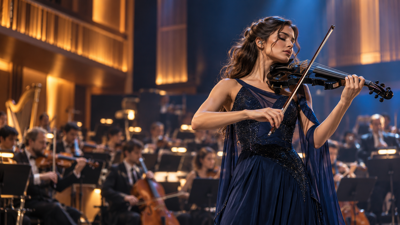 Original editorial image of an electric violin soloist performing in front of an orchestra