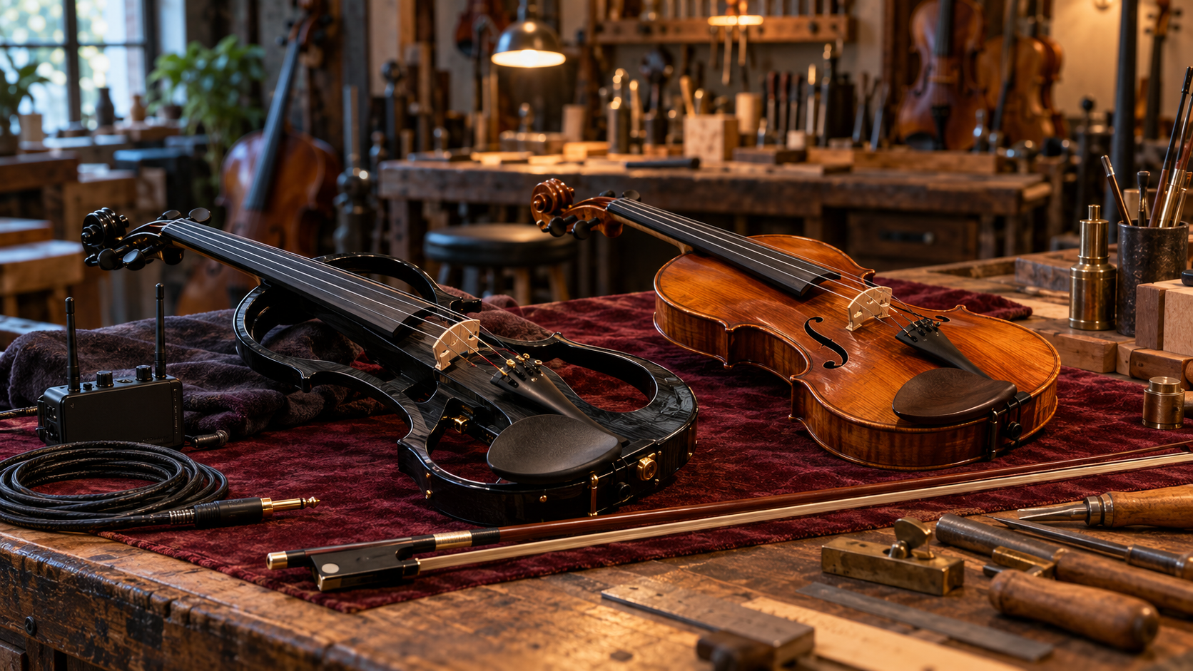 Original editorial still life of an electric violin, acoustic violin, bow and unbranded stage gear in a luthier workshop