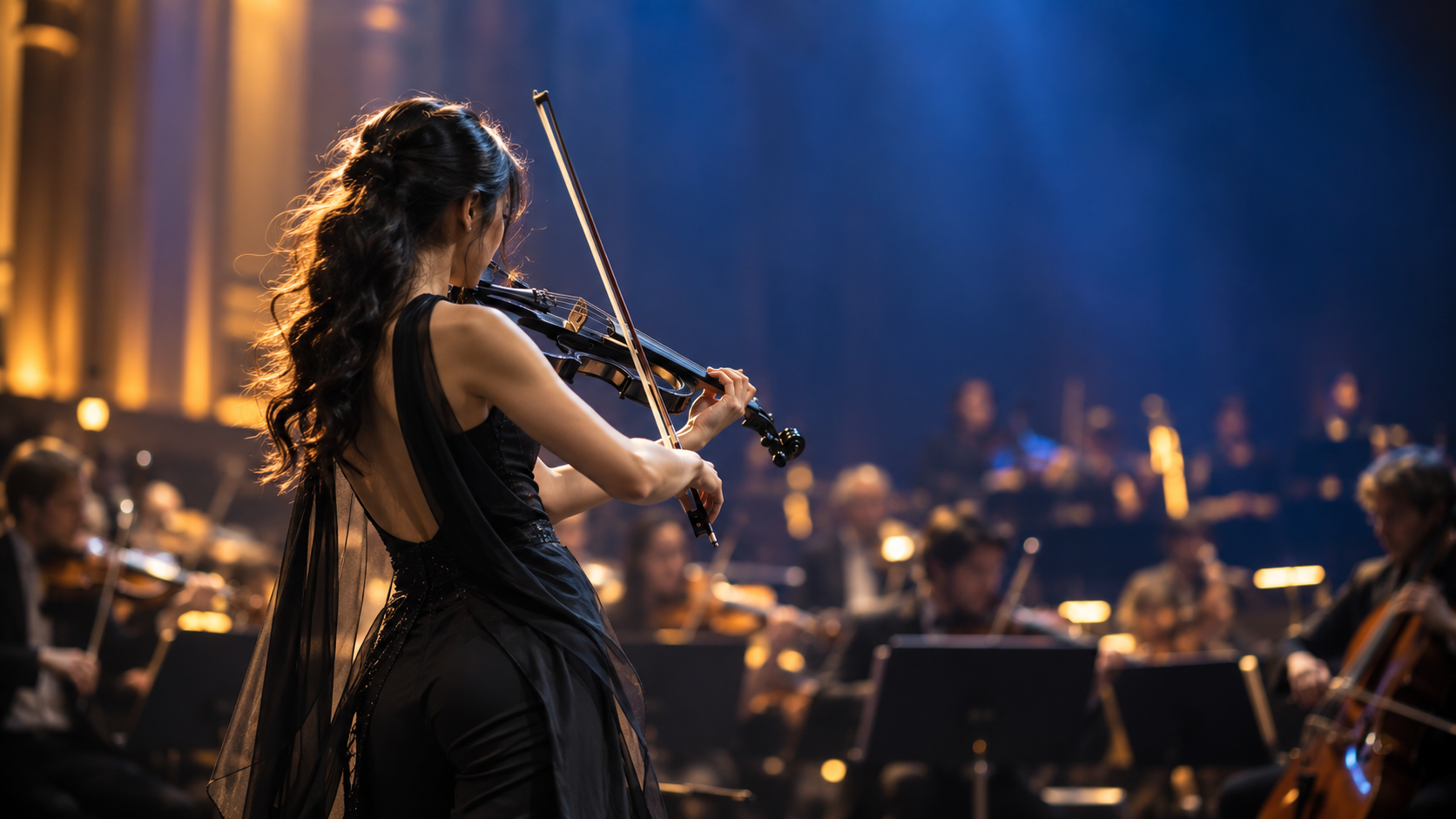 Оригинално редакционно изображение на electric violin солист на синьо-златна концертна сцена