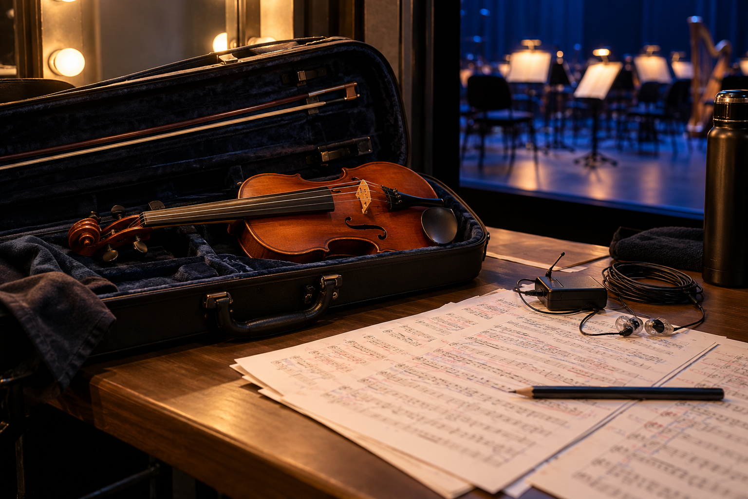 Original editorial backstage still life with violin, open case, music pages and discreet audio equipment