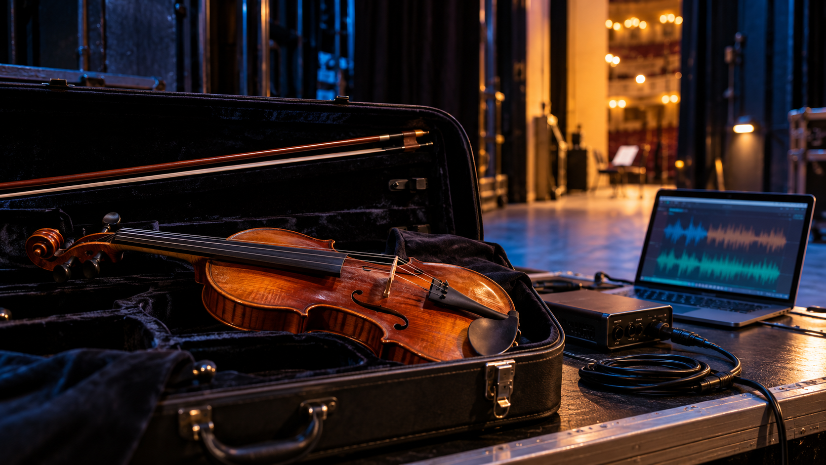 Original editorial backstage still life with violin case, audio interface and coiled stage cable