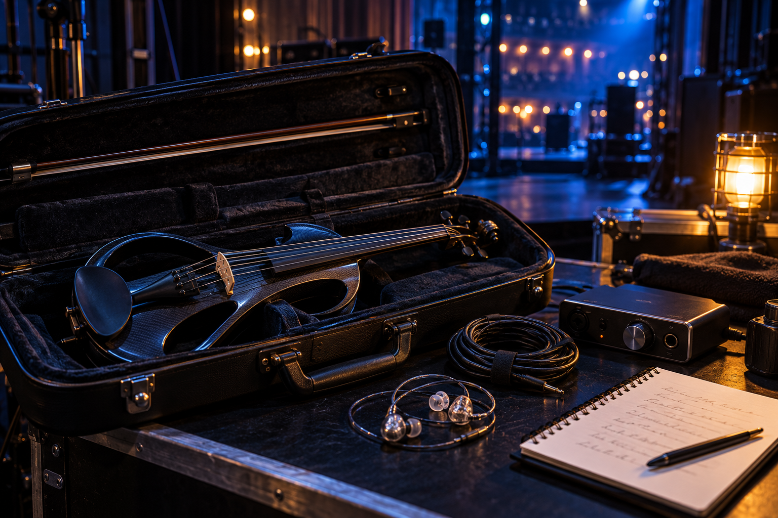 Оригинална редакционна backstage сцена с кейс за electric violin и подготвен аудио сетъп
