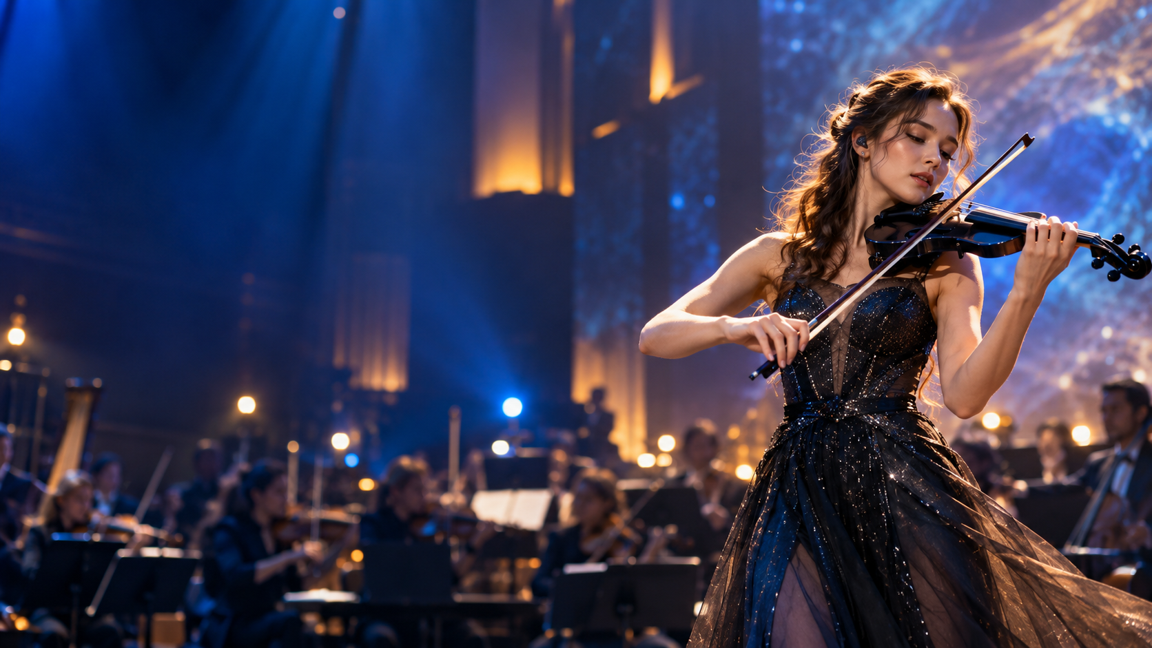 Original editorial image of an electric violin performer playing before an orchestra under blue and amber concert lighting