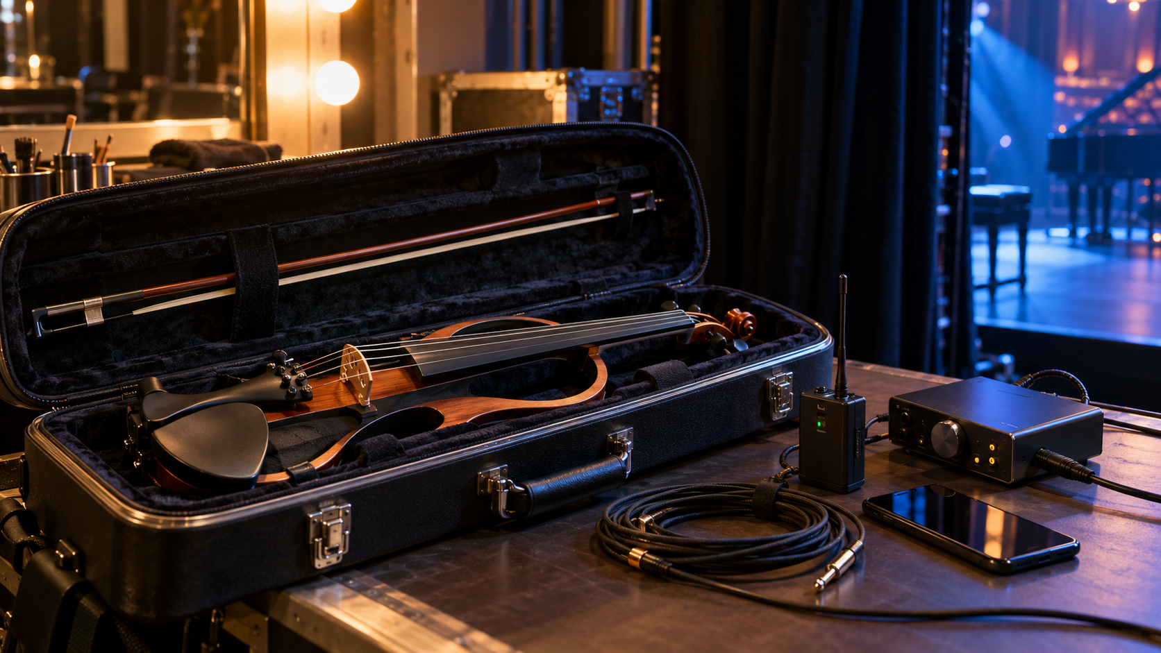 Original editorial backstage scene with electric violin, wireless receiver, audio interface and cables prepared for a live performance