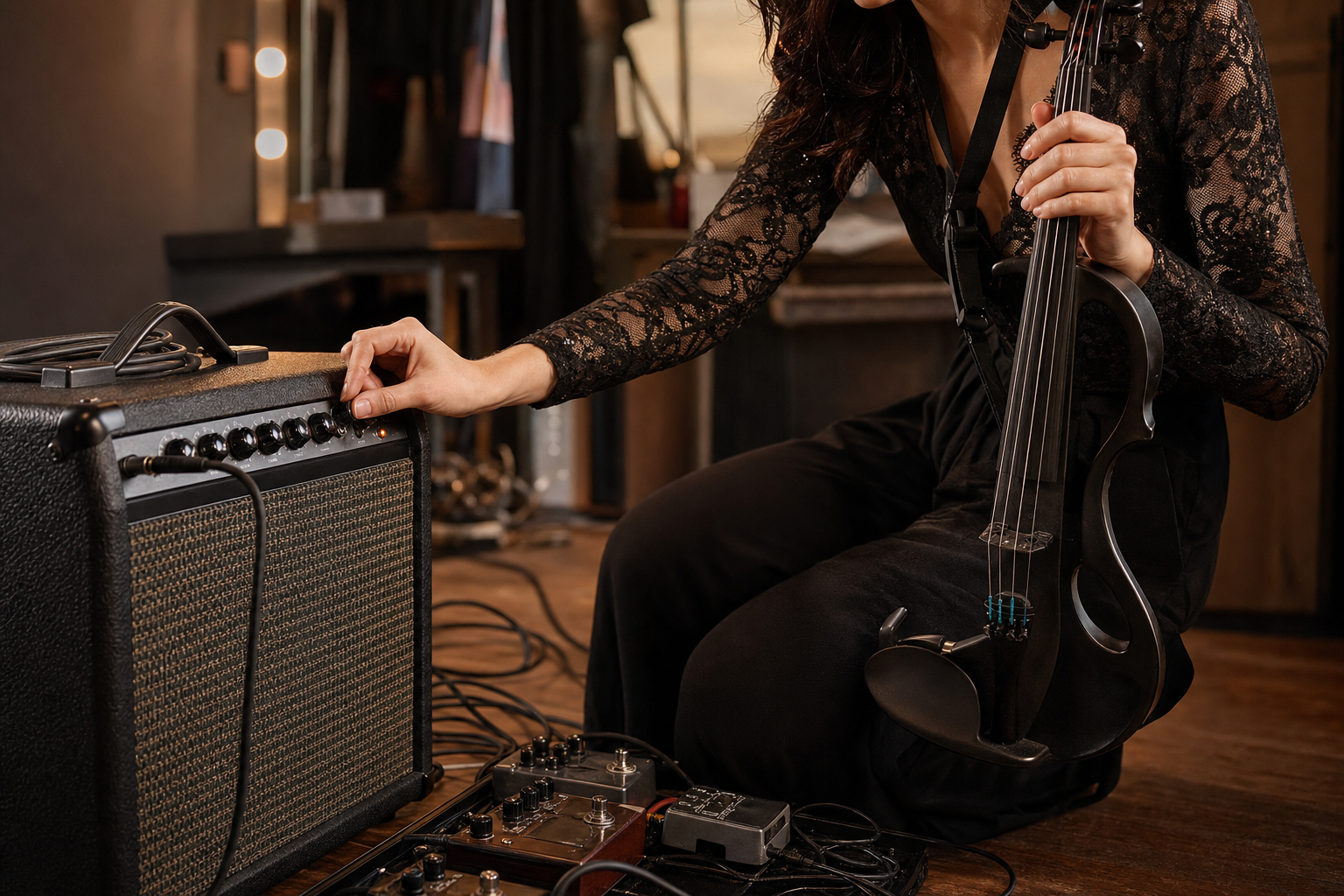 Electric violin изпълнител настройва gain и EQ контроли на компактен акустичен усилвател по време на backstage soundcheck