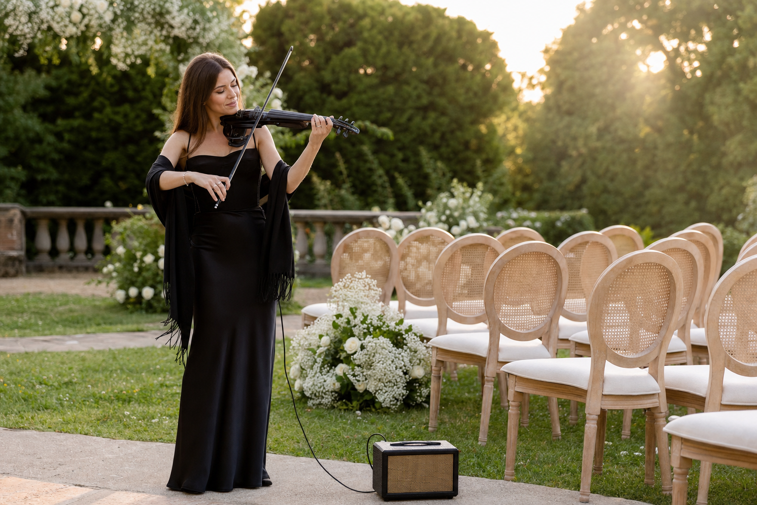 Electric violin изпълнителка свири на outdoor garden церемония до компактен battery-powered акустичен усилвател