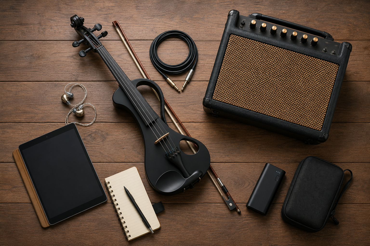 Поглед отгоре към electric violin, лък, компактен акустичен усилвател, in-ear monitors, таблет, кабел и performance notebook