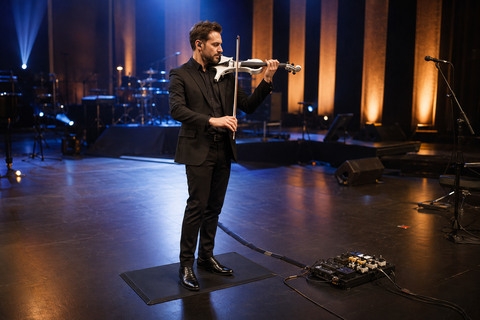 Electric violin performer standing on a black anti-fatigue stage mat beside a pedalboard during concert soundcheck