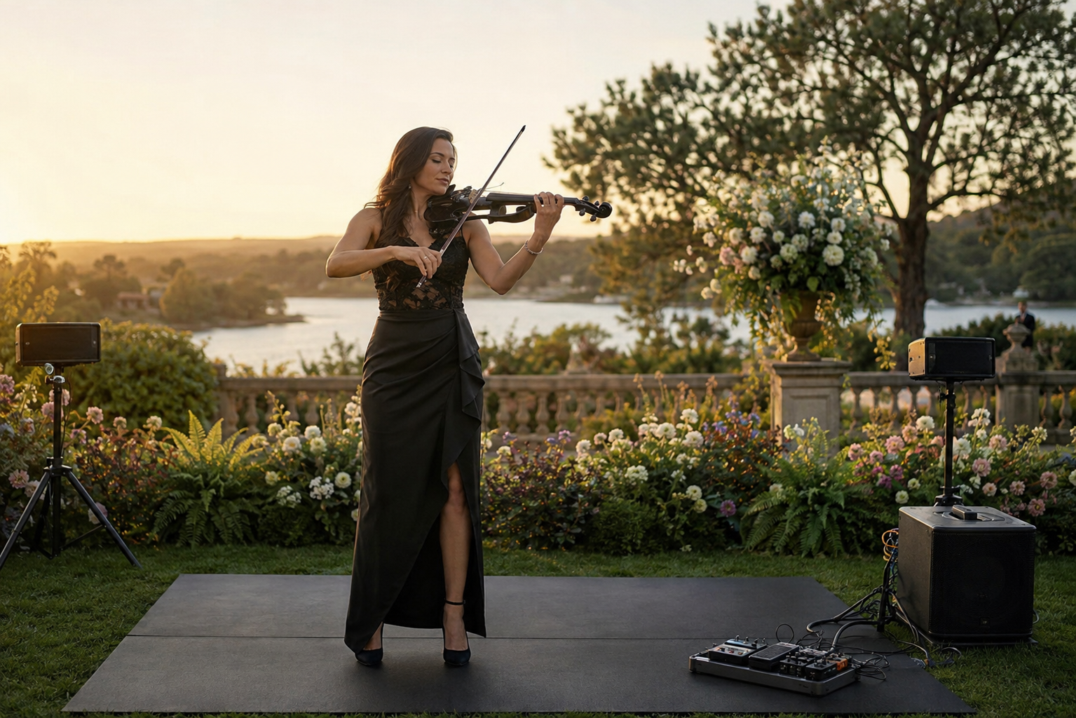 Electric violin artist performing an outdoor wedding set on a low-profile black rubber stage mat