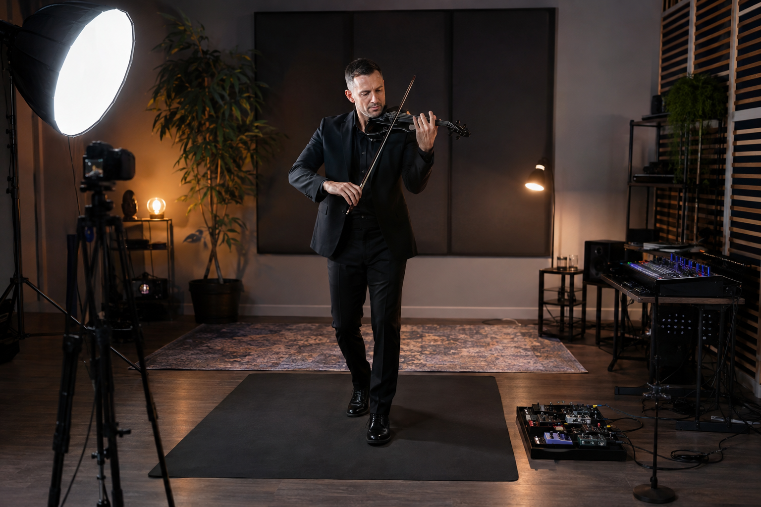 Electric violin content creator recording a standing performance on a dark anti-fatigue mat in a home studio