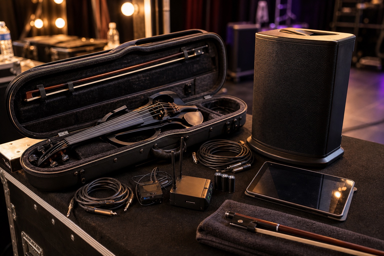 Open electric violin case beside a compact portable PA speaker, cables, wireless pack, and backstage tablet