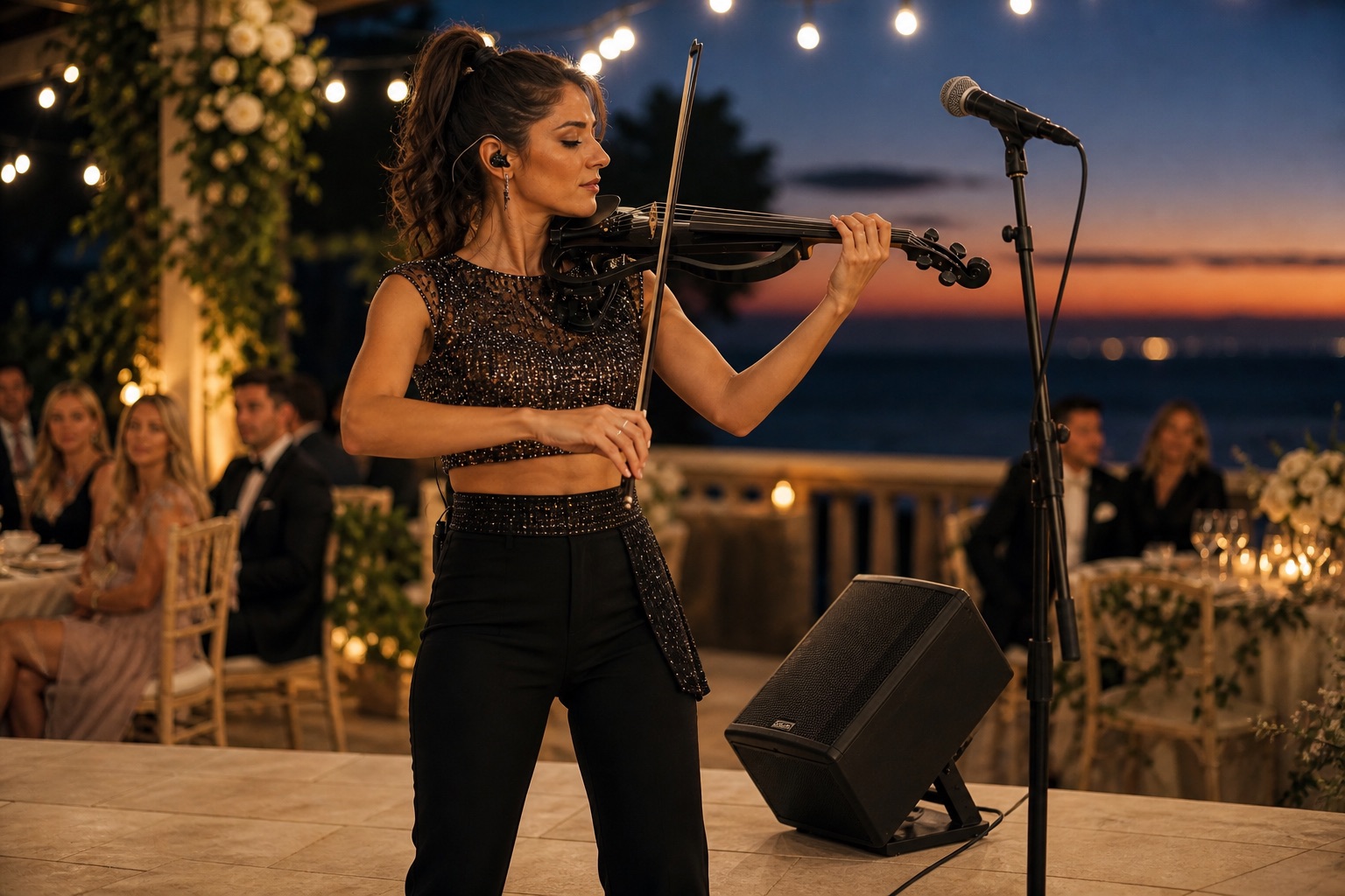 Electric violinist performing at a terrace wedding with a battery-powered PA speaker angled as a personal monitor