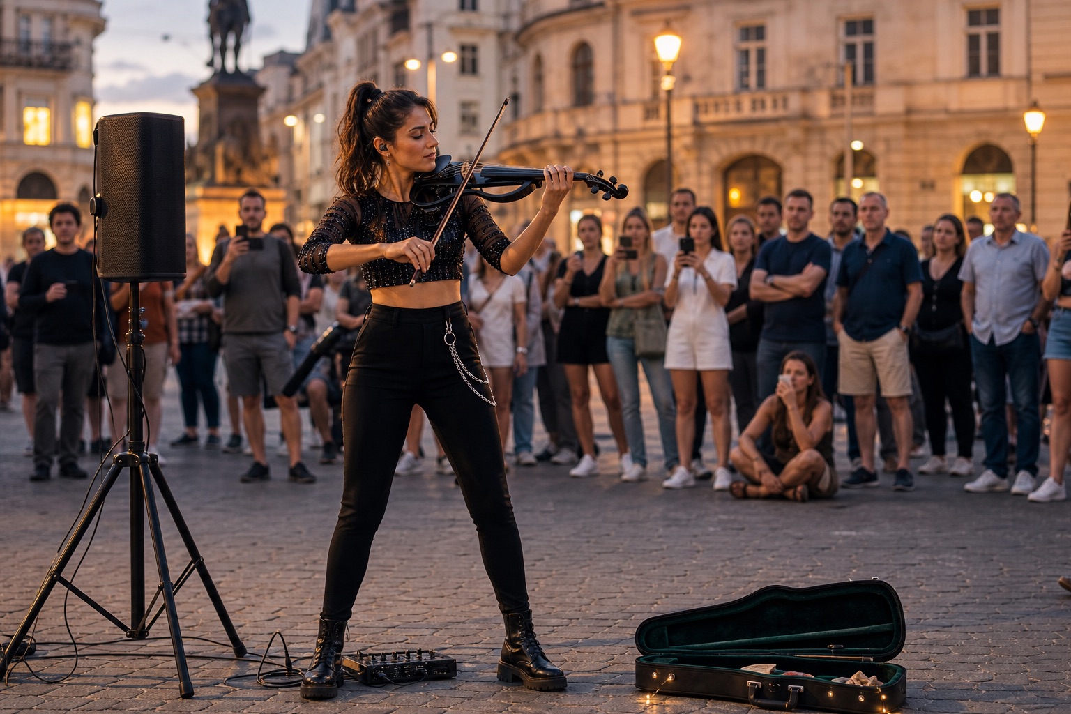 Electric violin busker in a city square using a portable PA speaker, compact pedalboard, and open tip case