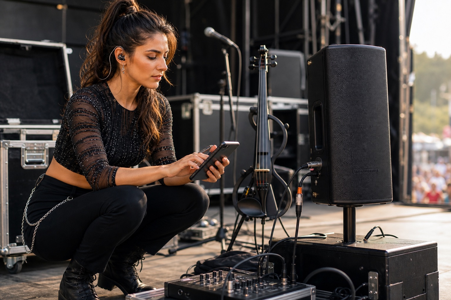 Electric violin performer adjusting a portable PA speaker from a phone app during backstage soundcheck