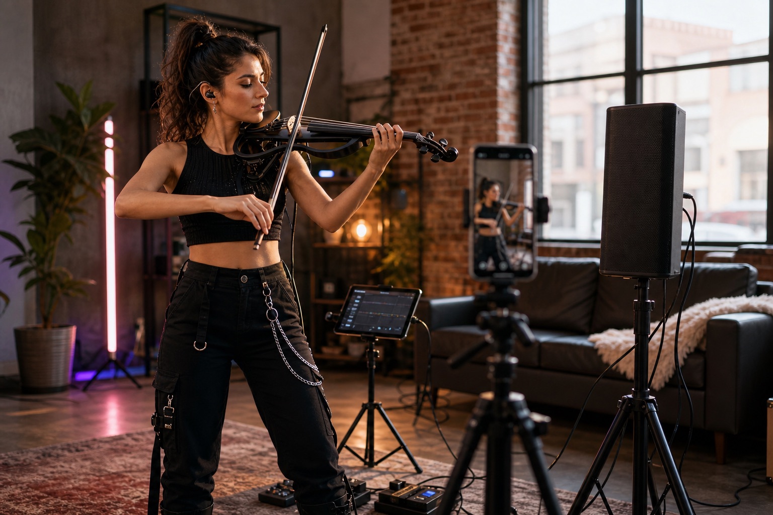 Electric violin content creator rehearsing beside a battery-powered PA speaker while filming vertical video in a loft studio