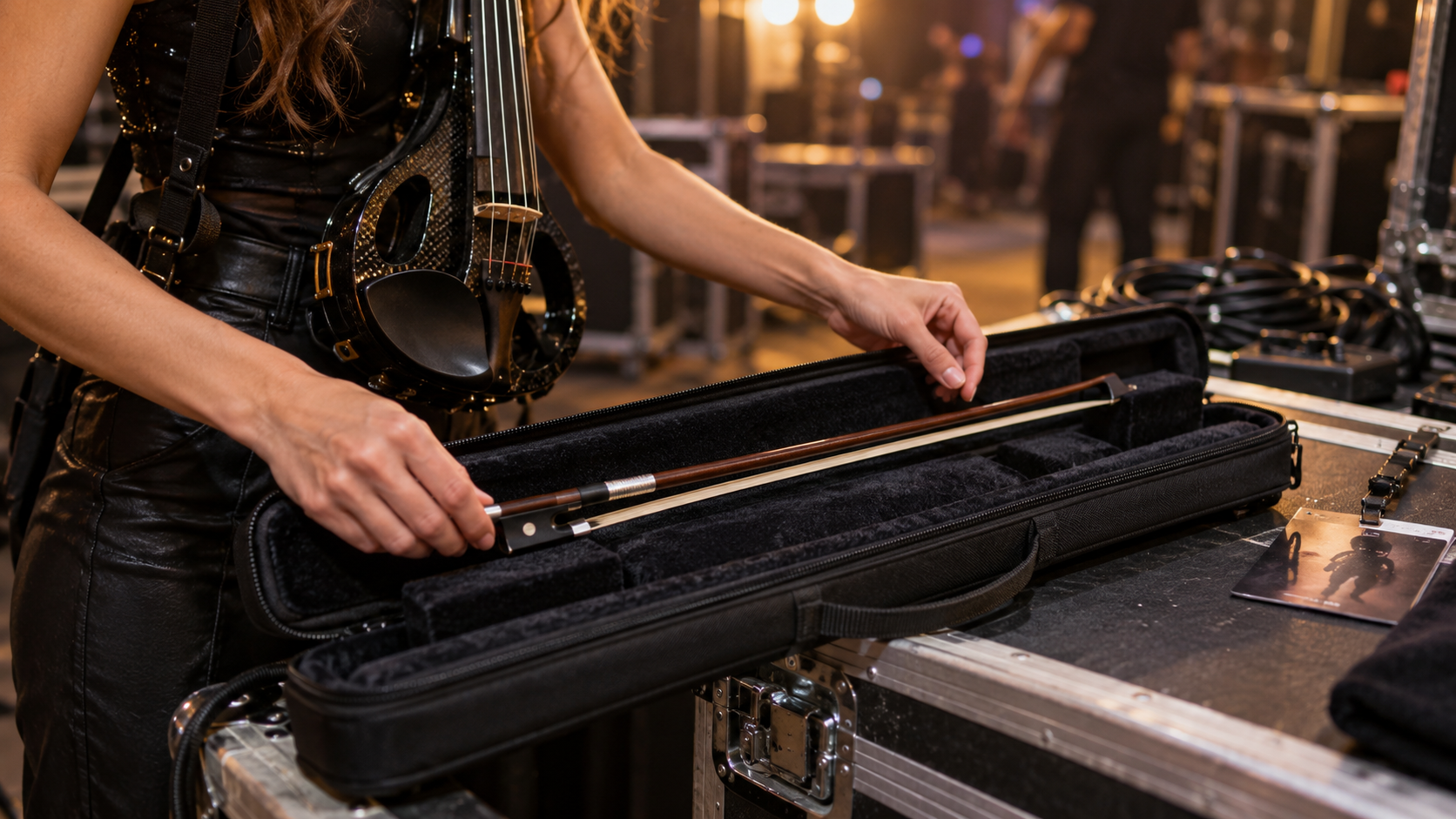 Electric violin изпълнител внимателно поставя лък в подплатен кейс преди концерт