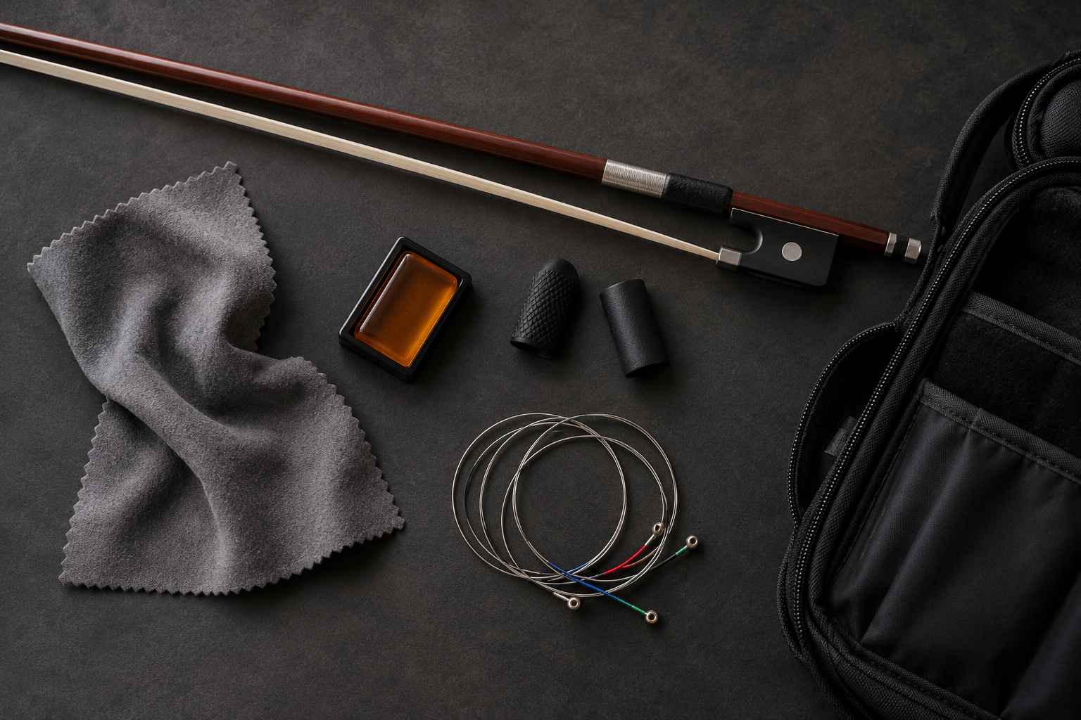 Close editorial view of a violin bow frog with a textured grip sleeve beside an electric violin
