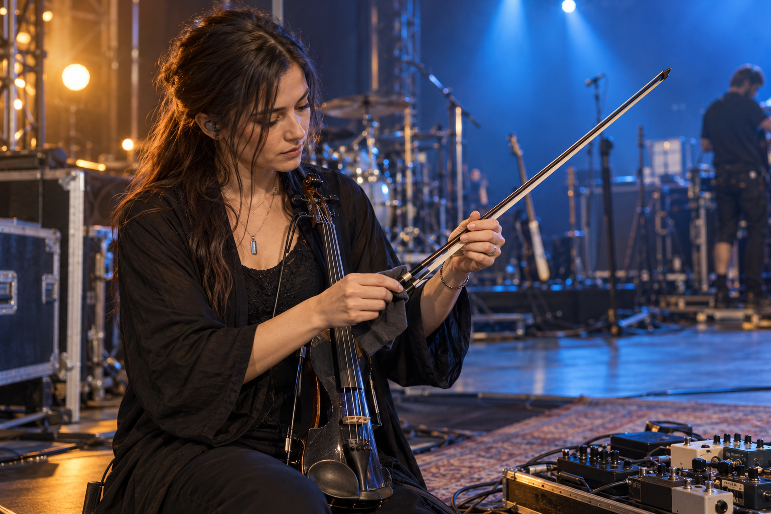 Electric violin artist checking bow grip comfort beside a pedalboard during professional soundcheck