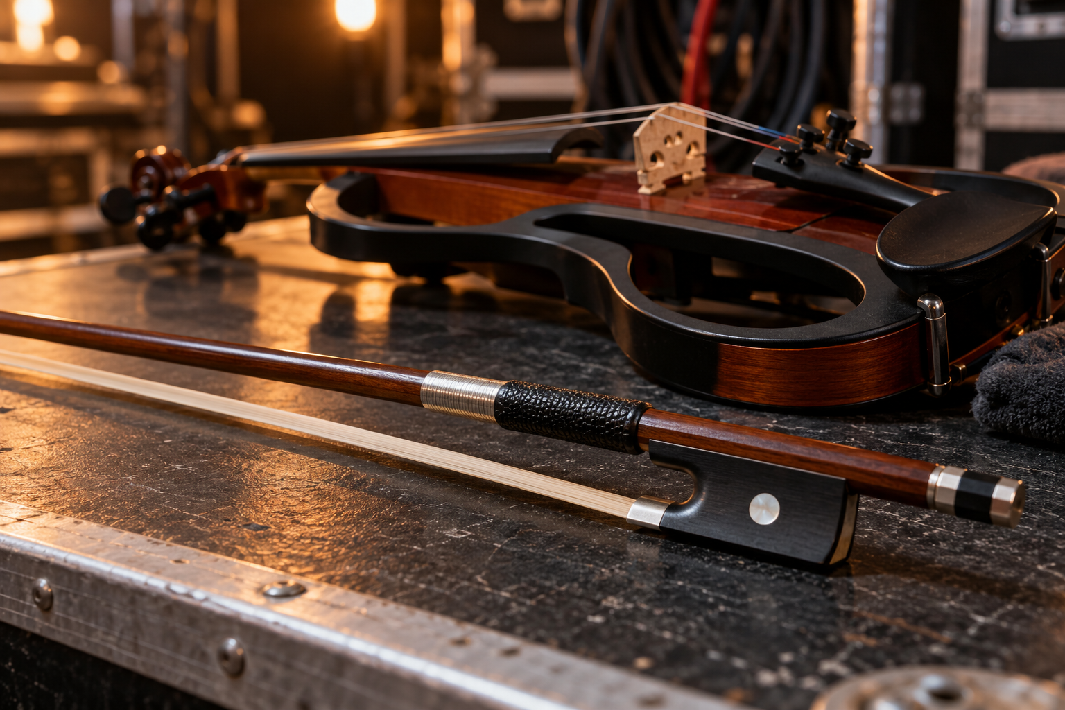 Touring kit flat lay with electric violin bow grip sleeves rosin cloth and spare strings
