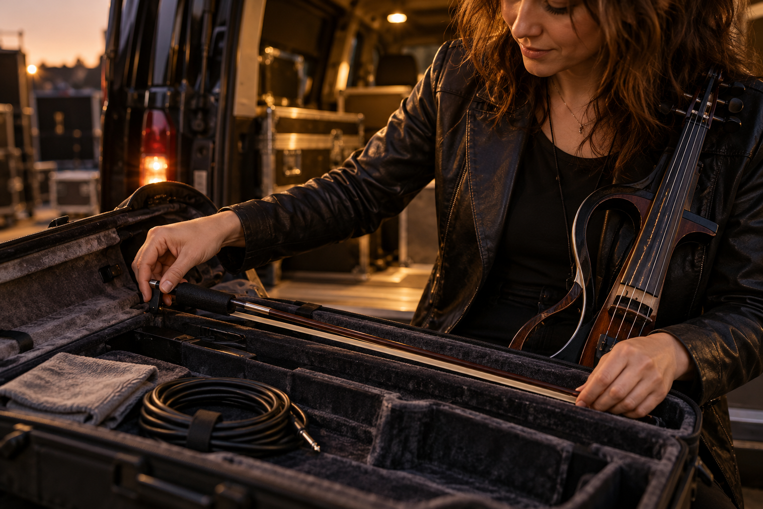 Electric violin artist performing an energetic crossover concert with a secure comfortable bow grip