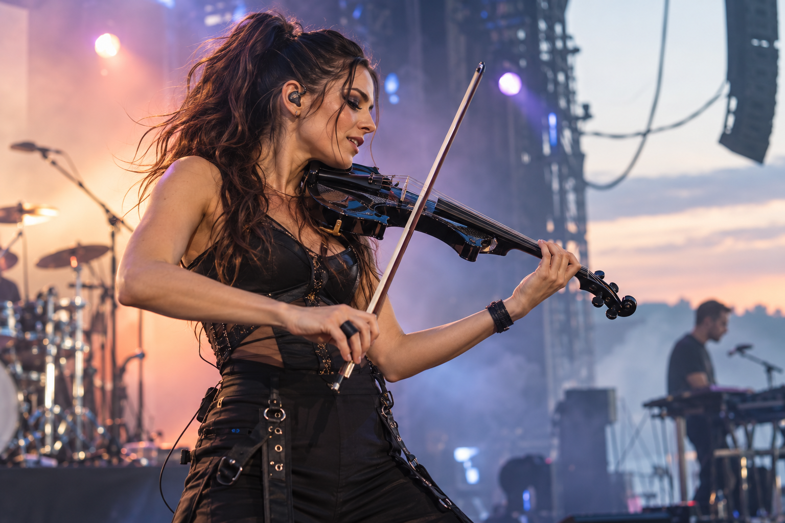 Electric violinist packing a bow with a grip sleeve into a case after a professional concert
