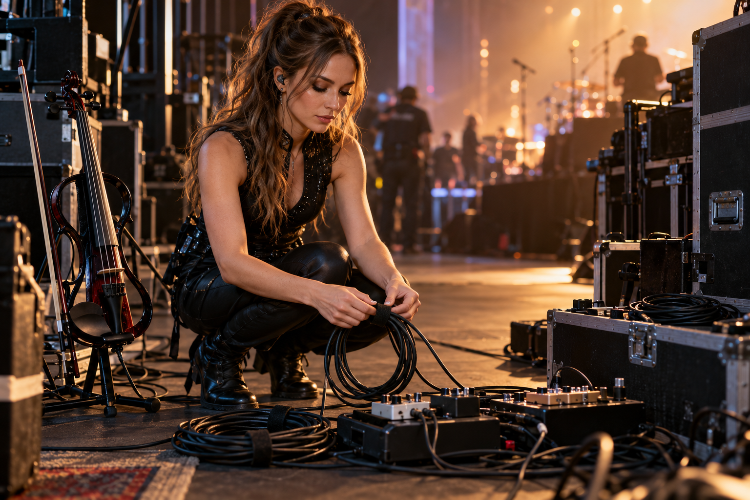 Electric violin изпълнител подрежда reusable cable ties до компактен педалборд backstage