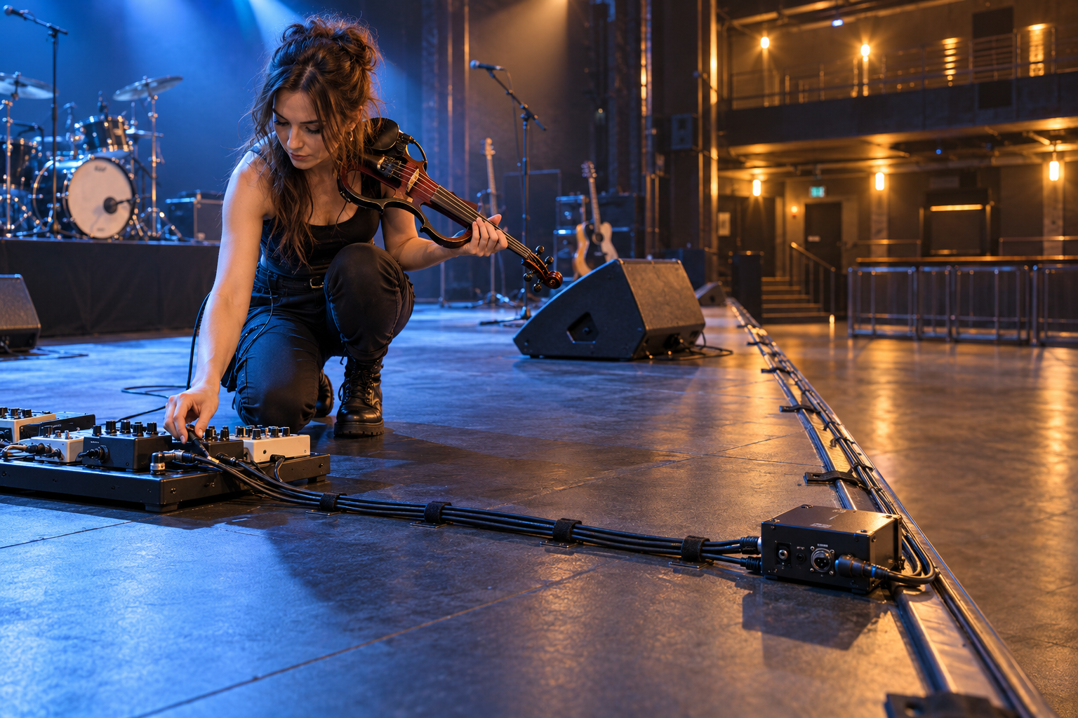 Electric violinist на soundcheck с чист cable path от педалборд към direct box