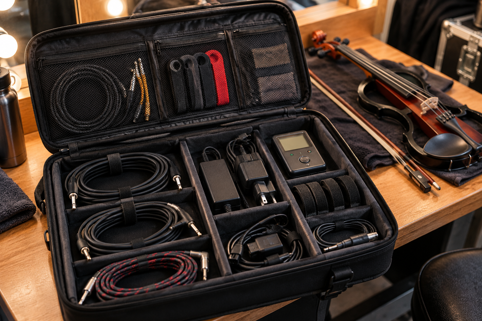 Touring musician кейс с разделени кабели reusable ties адаптери и cable tester