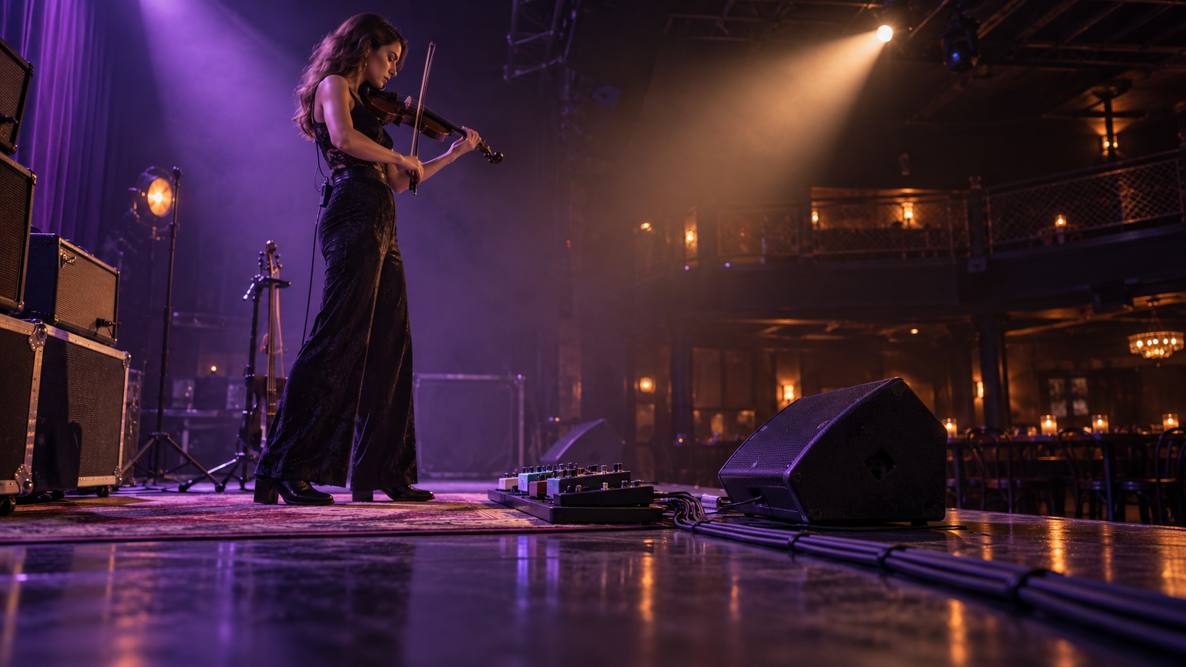 Electric violin сцена с кабели спретнато събрани зад компактен педалборд преди отваряне