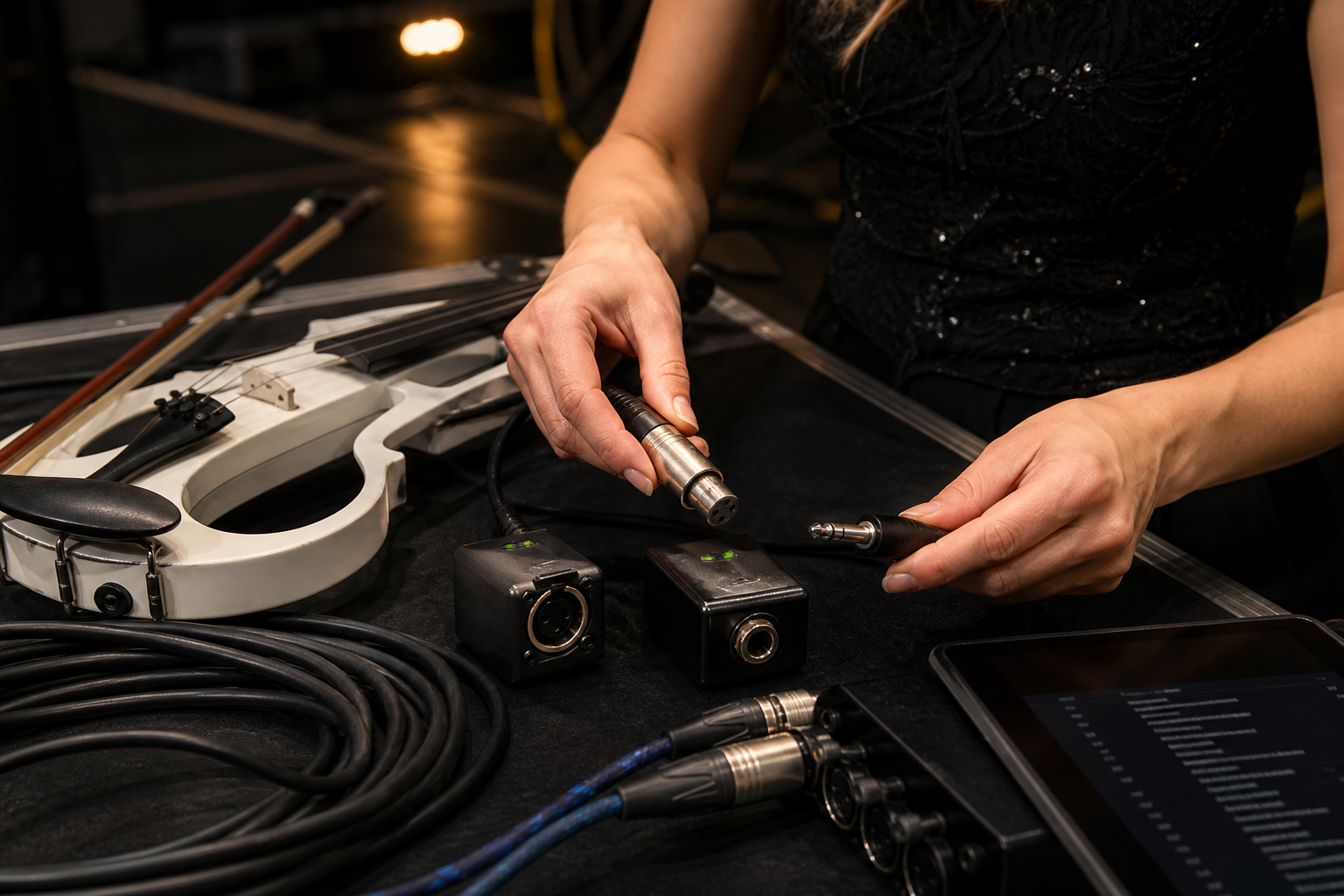 Close-up of an electric violin performer's hands checking XLR and quarter-inch cables with compact testing tools on a stage case