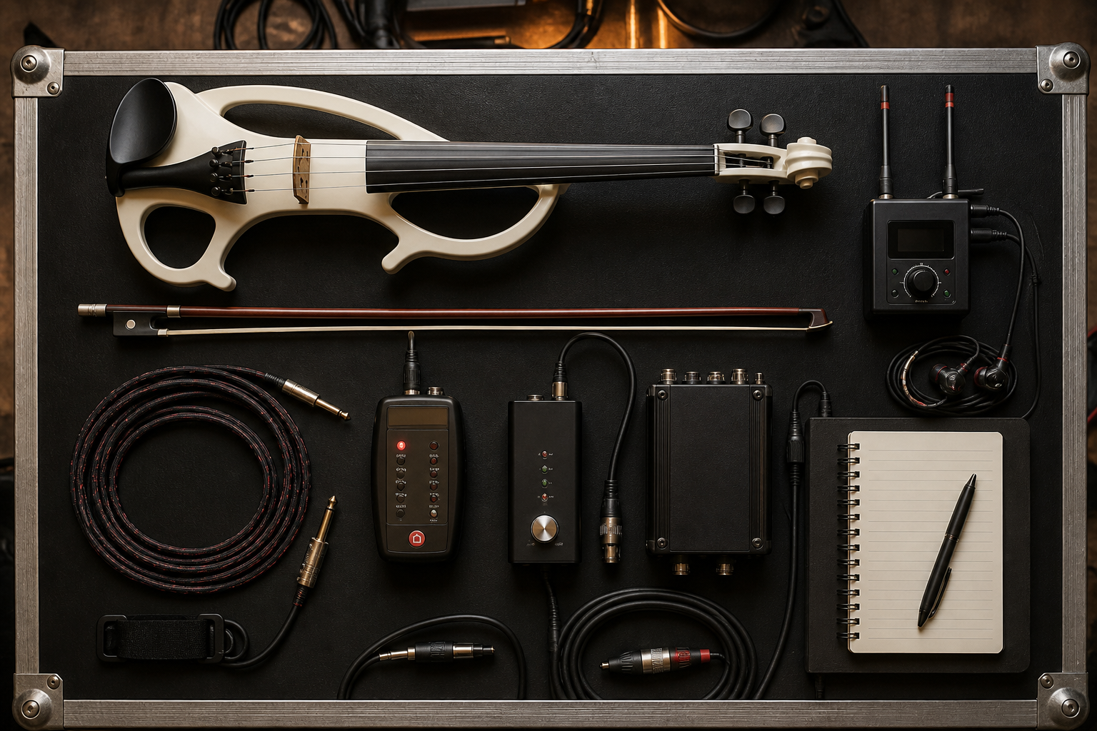 Top-down electric violin stage kit with white electric violin, audio cable testers, DI box, wireless pack, cables, and notebook
