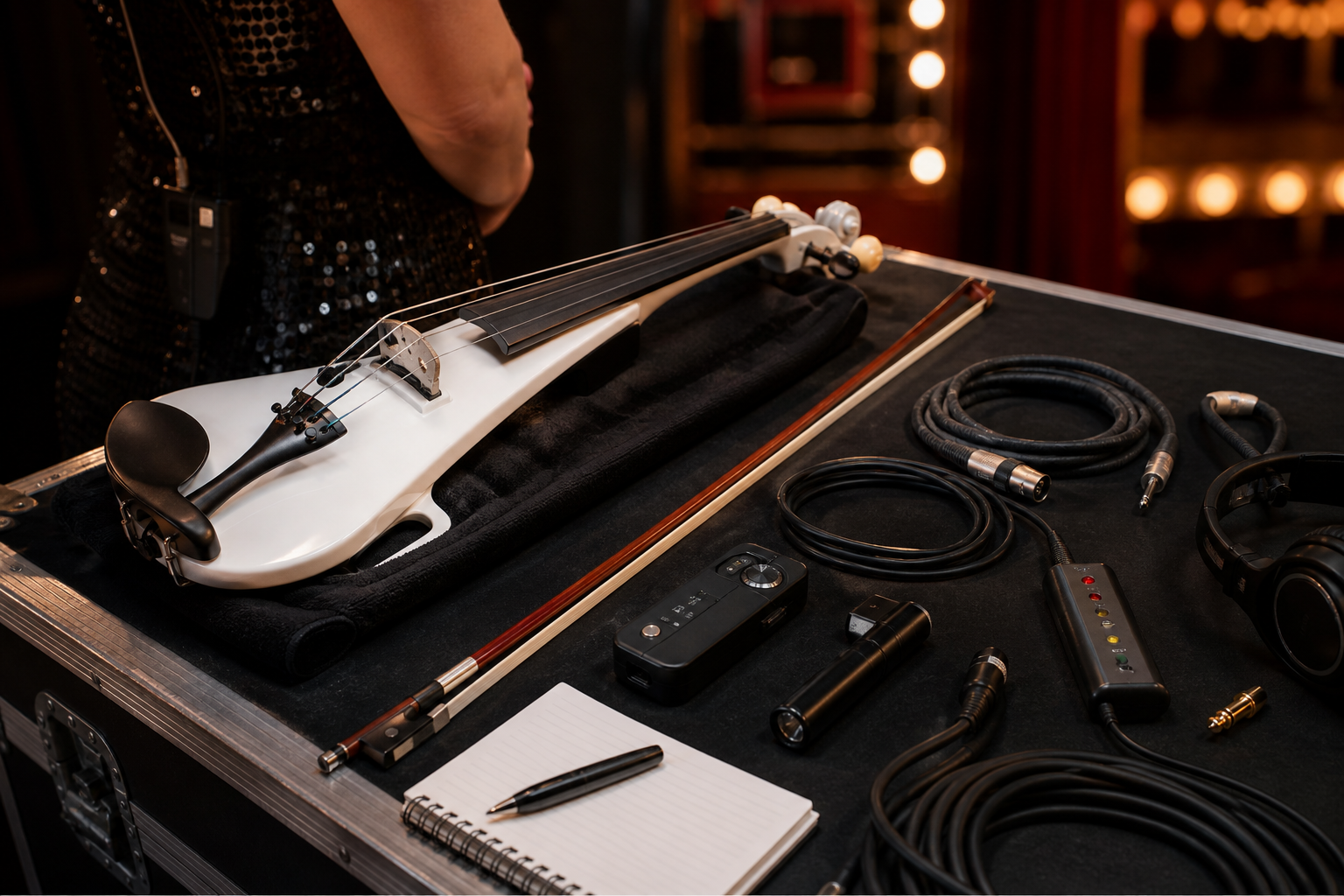 Organized stage-side troubleshooting kit with compact audio testers, spare cables, headphones, notebook, and a white electric violin ready for performance