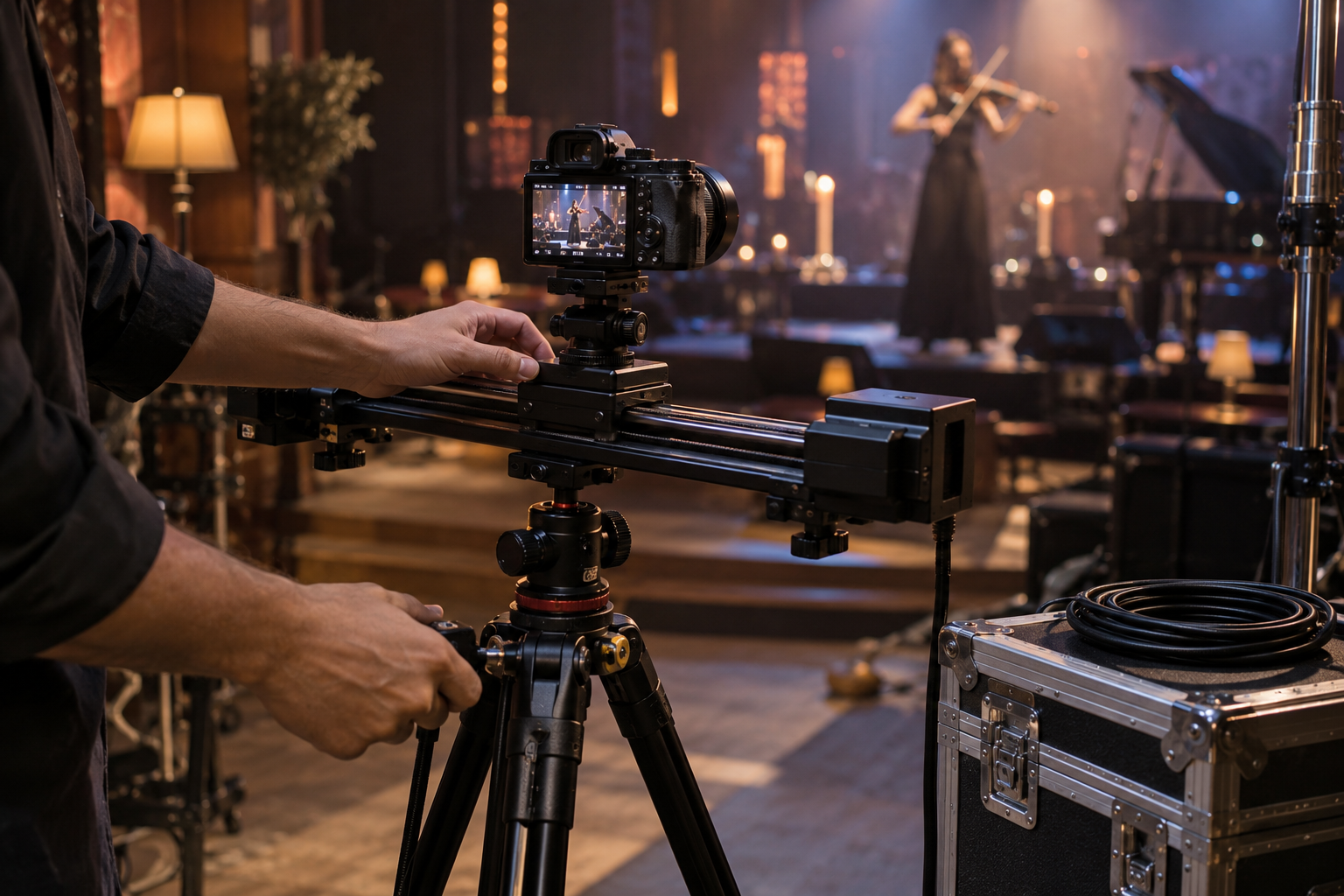 Motorized camera slider, подготвен backstage за electric violin сценично изпълнение