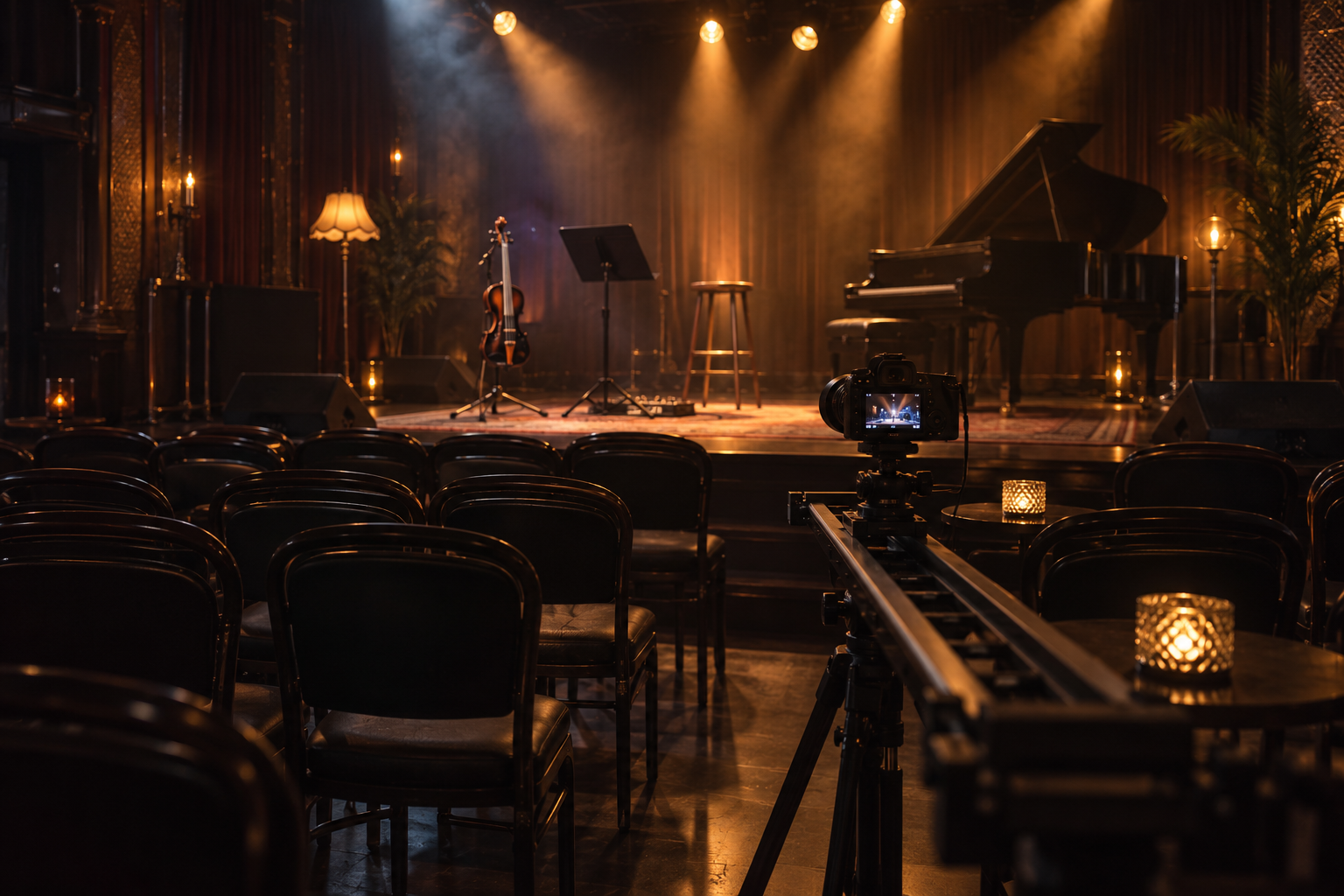 Празна концертна venue, подготвена за electric violin video shoot с camera slider