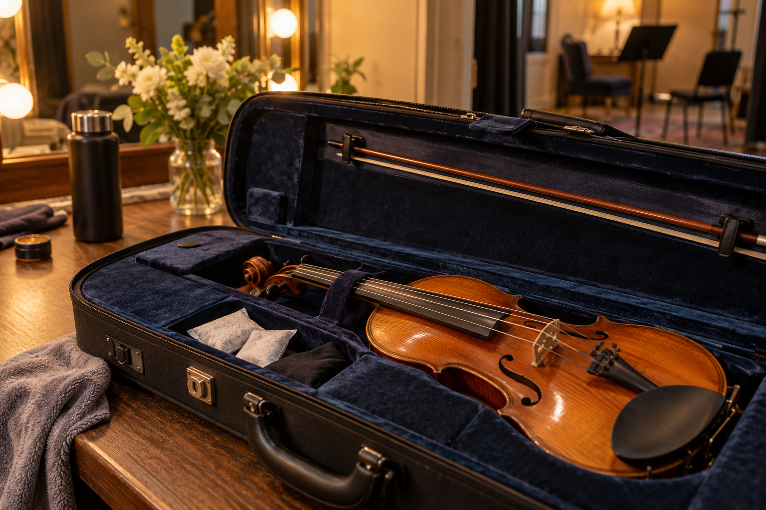 Open violin case with generic humidity packets safely placed in accessory compartment