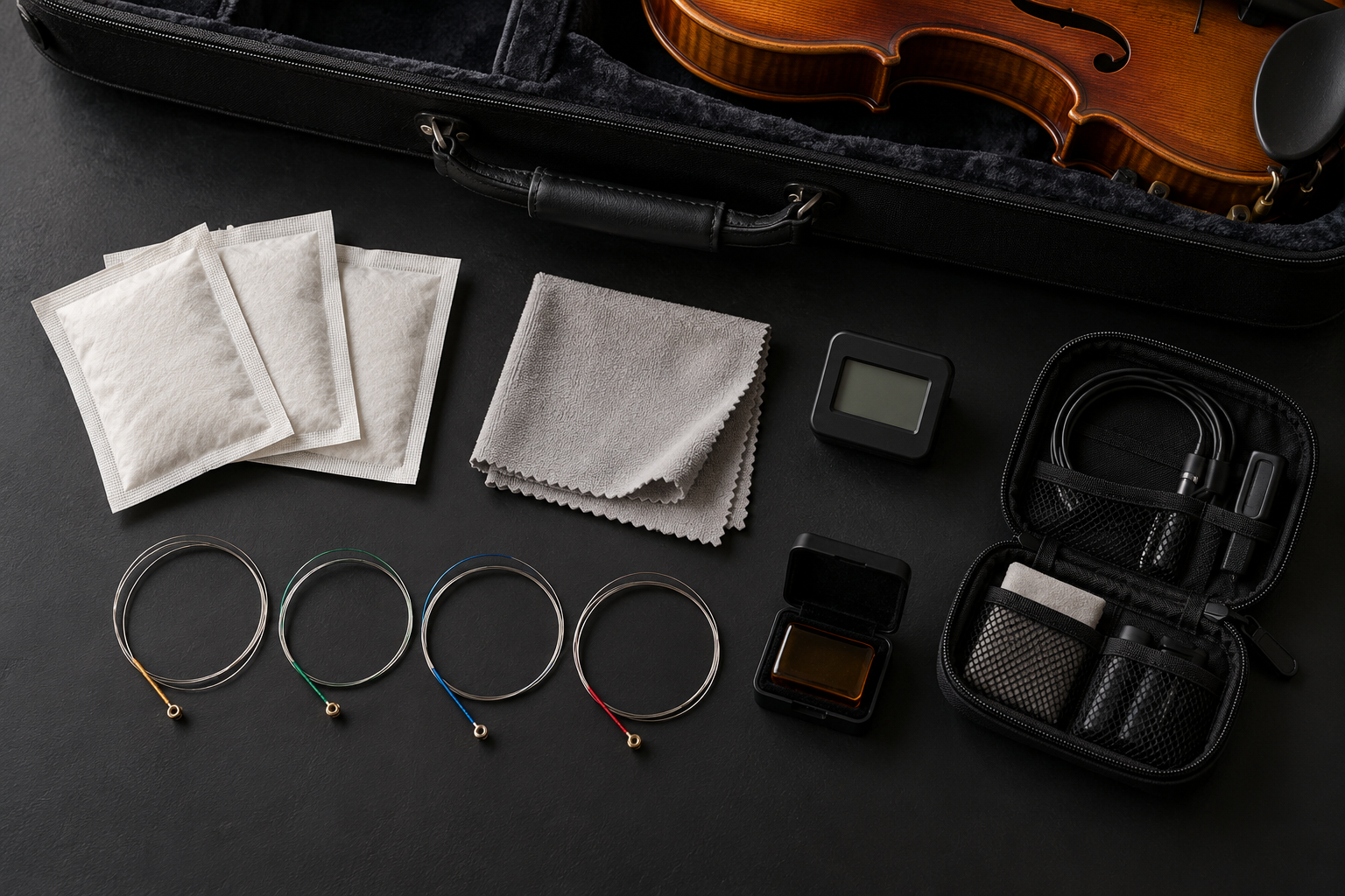 Tour-ready violin case accessories including generic humidity packs hygrometer cloth and spare strings