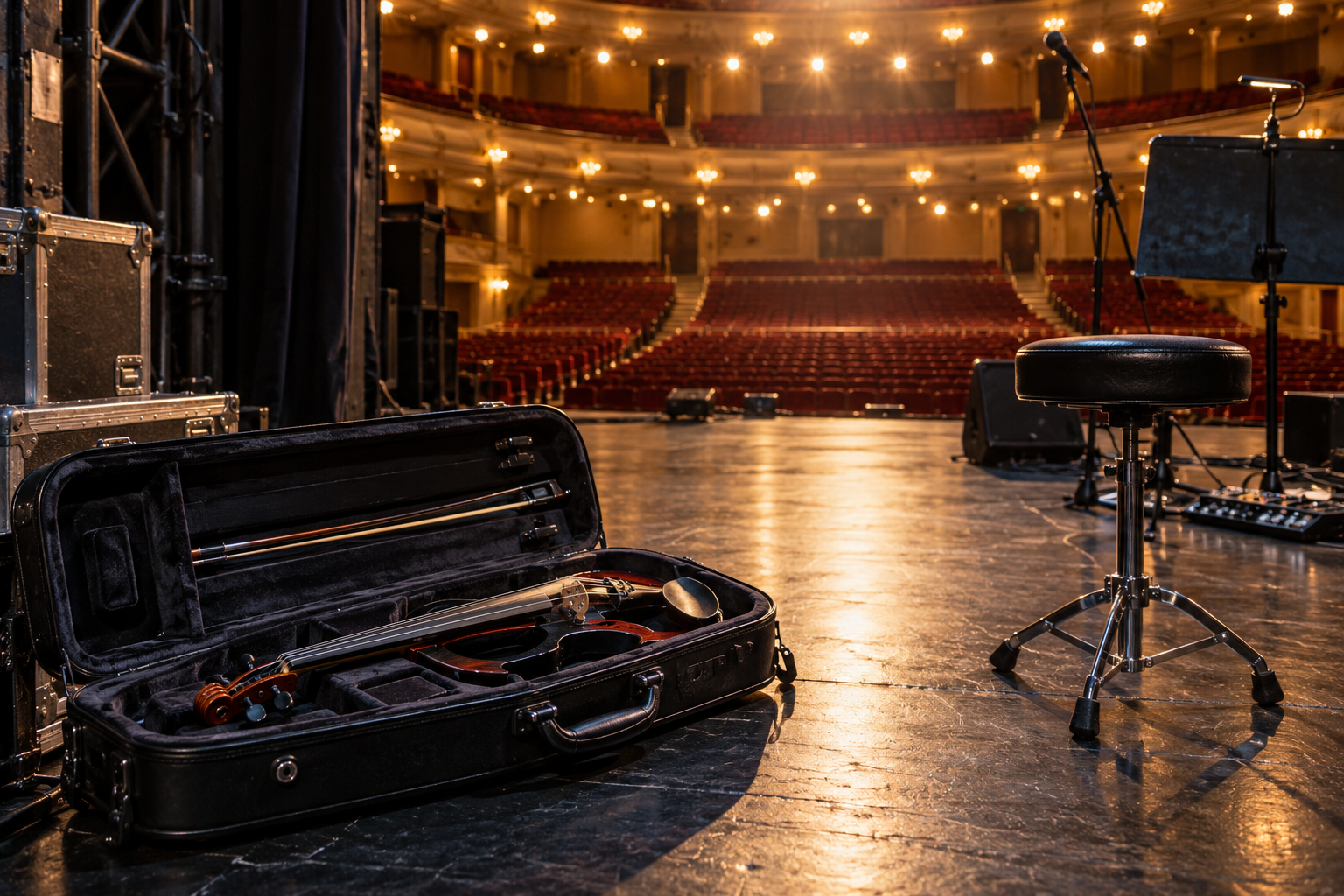Open electric violin case waiting beside a stool on an empty concert stage before soundcheck